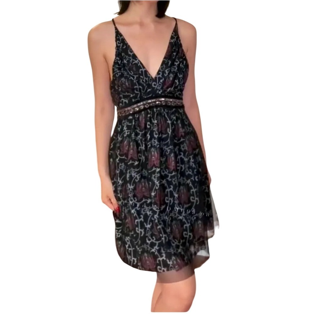Vivienne Tam Black Floral Mesh Lotus Flower Sequin Empire Waist Midi Dress Sz L